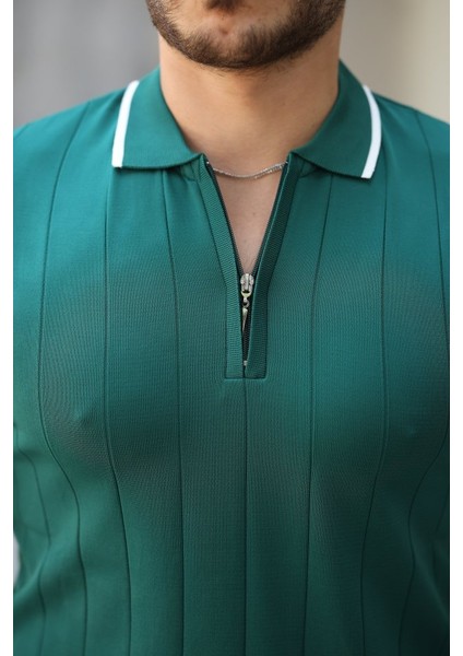 Erkek Fermuar Yakalı Çizgi Dokulu Kısa Kollu Tişört modelleri