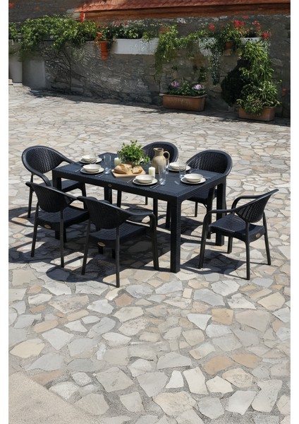 Bamboo 6 Kişilik Rattan Masa Sandalye Takımı Siyah
