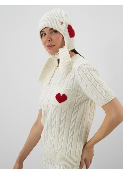 Kadın Ekru Doğal Yün Dokulu Standart Fit Bere