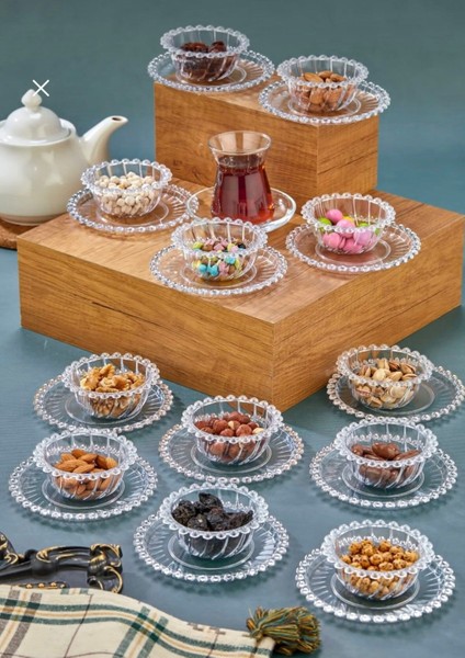 Akrilik 12 Parça Boncuk Kahvaltılık Seti Çerezlik Şekerlik Sosluk Reçellik Seti Çay Bardağı Altığ