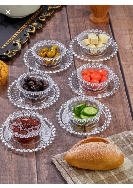 Akrilik 12 Parça Boncuk Kahvaltılık Seti Çerezlik Şekerlik Sosluk Reçellik Seti Çay Bardağı Altığ modelleri