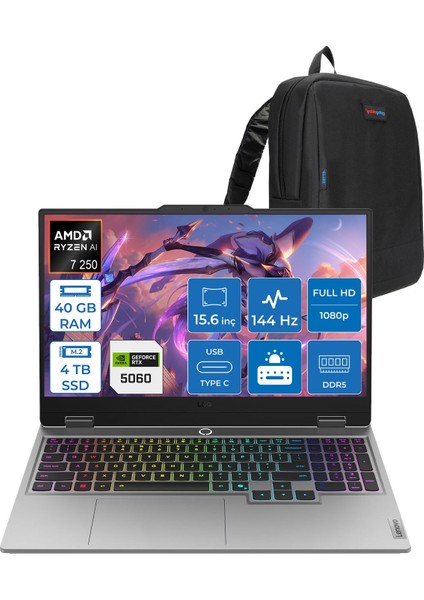 Loq 15AHP10 Ryzen 7 250 40GB Ddr5 4tb SSD 8GB/RTX5060/100W 15.6" Fhd IPS 144Hz Windows 11 Home Taşınabilir Bilgisayar 83JG0055TRH16 + Zettaçanta