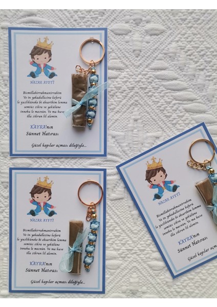32 Adet Kişiye Özel Nazar Ayeti Sünnet Hatırası Mavi Anahtarlık ve Kına Dağıtmalık Hediyelik