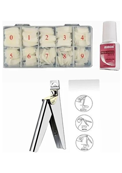 Protez Tırnak 500'LÜ Kemik Tips -Tips Makası ve Yapıştırıcı Mxbon - 3'lü Set