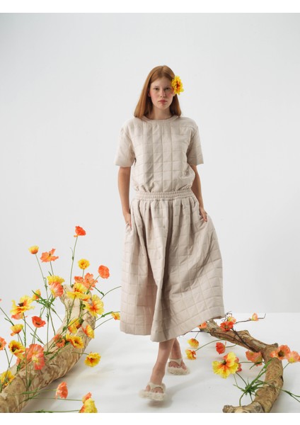 Kadın Naturel Kapitone Dokulu Oversize Bluz