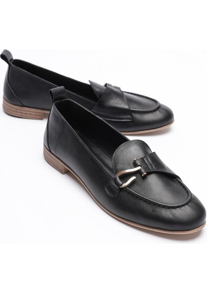 Kadın Hakiki Deri Babet Gold Aksesuarlı Siyah Demira