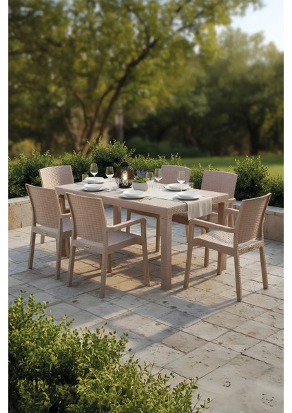 King 6 Kişilik Rattan Masa Sandalye Takımı Cappuccino