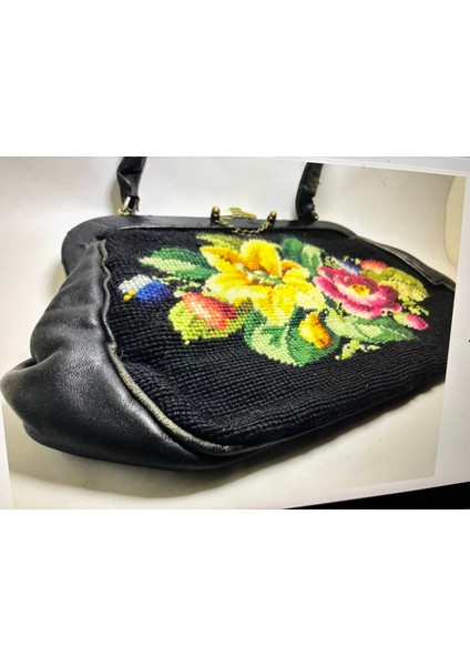 Antika Goblen ve Deri Çanta 34 cm 22 cm