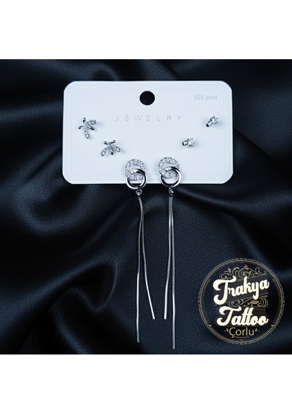 925 Ayar Gümüş 6 Lı Set Taşlı Küpe Altın Rengi