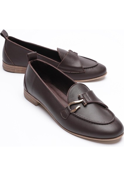 Kadın Hakiki Deri Babet Gold Aksesuarlı Kahve Demira