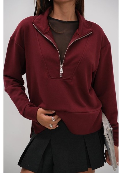 Fermuar ve Dikiş Detaylı Sweatshirt