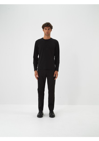 Erkek Siyah Pamuk Dokulu Regular Fit Uzun Kollu Tişört