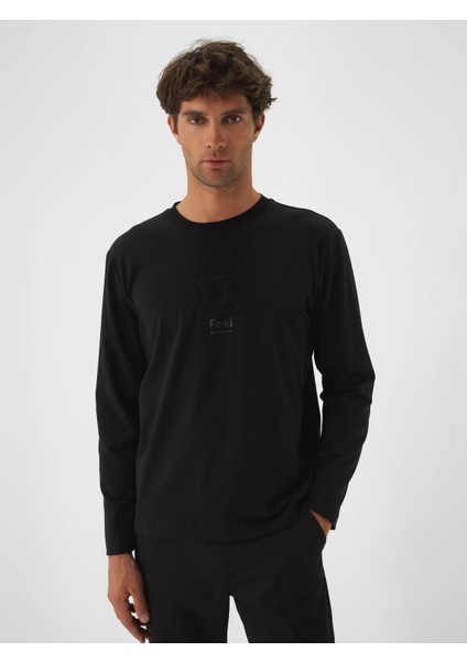 Erkek Siyah Pamuk Dokulu Regular Fit Uzun Kollu Tişört fiyatları