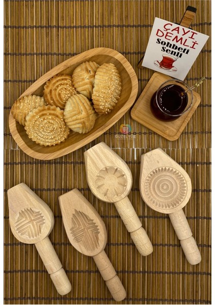 Ahşap Kömbe ve Kerebiç Kalıbı Seti, 4'lü Paket, El Yapımı, Lezzetli Tarifler Için