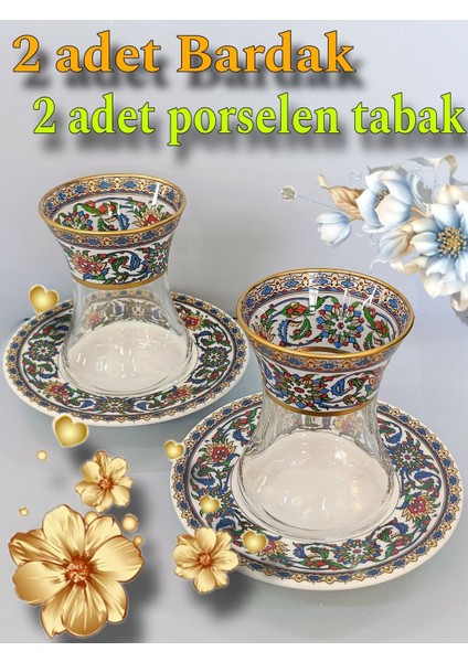 Altın Desenli Porselen Set, 2 Tabak ve Bardak, Şık ve Zarif Tasarım, 2 Kişilik