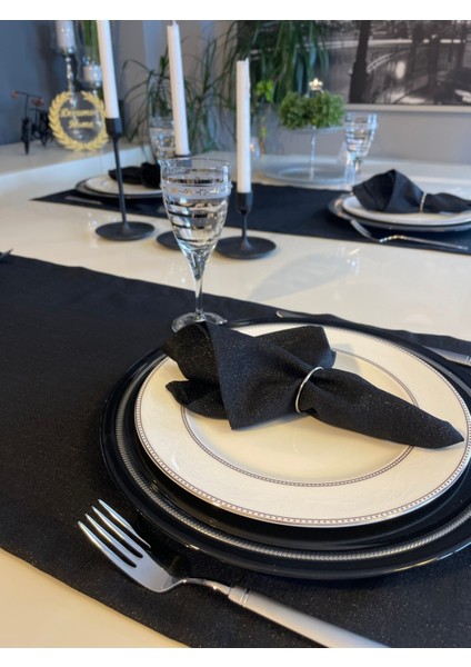 6'lı Keten Dokulu Simli Siyah Kumaş Peçete Seti, Şık ve Zarif Tasarım