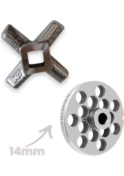 Ikili 14 mm Kıyma Makinesi Ayna ve Bıçak Seti, 22 Numara, Metalik