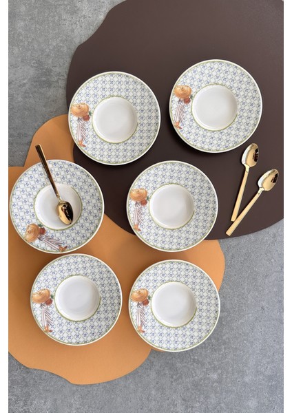 Şık 6 Kişilik Bej Porselen Çay Tabak Takımı, 6 Parça