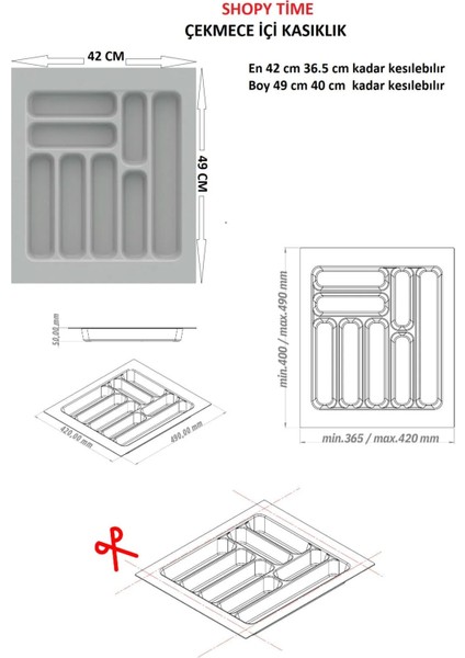 Gri Renk Çekmece Içi Kaşıklık ve Kepçelik, 42X49 Cm, 36X40 Cm’ye Kadar Kesilebilir modelleri