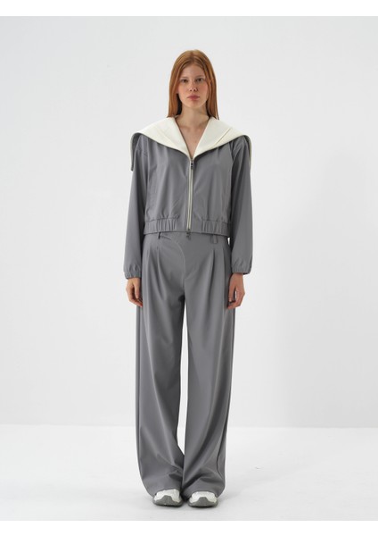 Kadın Gri Esnek Dokulu Oversize Pantolon