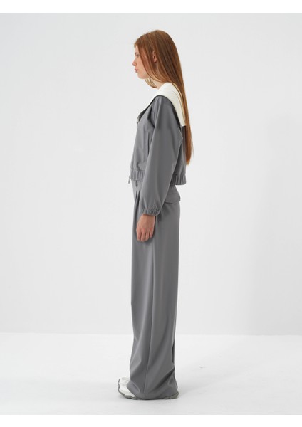 Kadın Gri Esnek Dokulu Oversize Pantolon modelleri