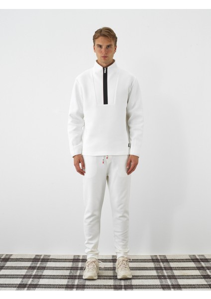 Erkek Ekru Pamuk Dokulu Regular Fit Sweatshirt