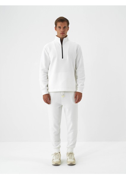 Erkek Ekru Pamuk Dokulu Regular Fit Sweatshirt