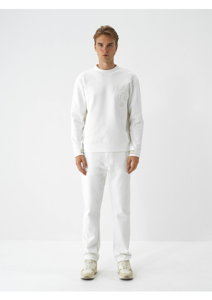 Erkek Ekru Pamuk Dokulu Regular Fit Sweatshirt