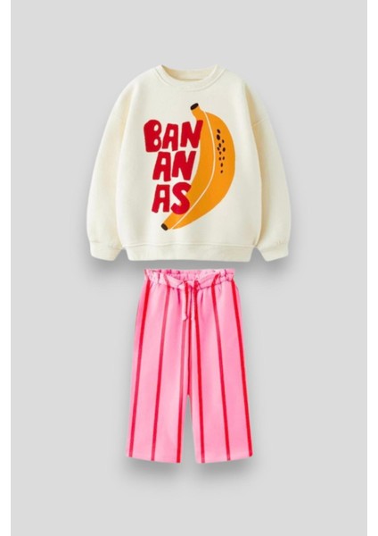 Kız Çocuk Pamuklu Ekru Muz Baskılı Sweatshirt ve Pembe Çizgili Pantolon Takım fiyatları