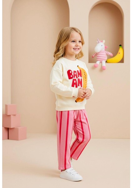 Kız Çocuk Pamuklu Ekru Muz Baskılı Sweatshirt ve Pembe Çizgili Pantolon Takım modelleri
