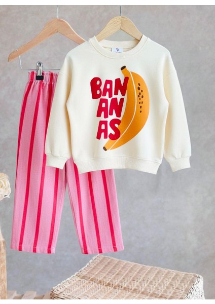 Kız Çocuk Pamuklu Ekru Muz Baskılı Sweatshirt ve Pembe Çizgili Pantolon Takım fırsatları