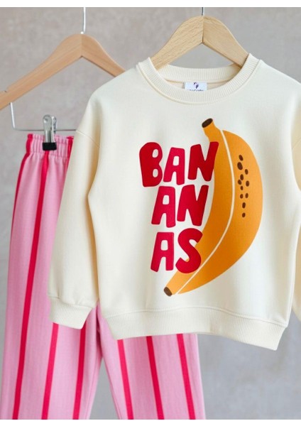 Kız Çocuk Pamuklu Ekru Muz Baskılı Sweatshirt ve Pembe Çizgili Pantolon Takım indirimleri