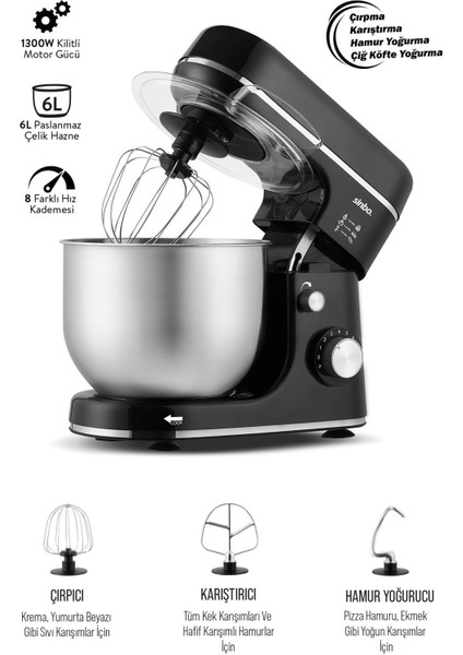 1300W 6l Siyah Stand Mikser, Güçlü ve Şık Tasarım fırsatları