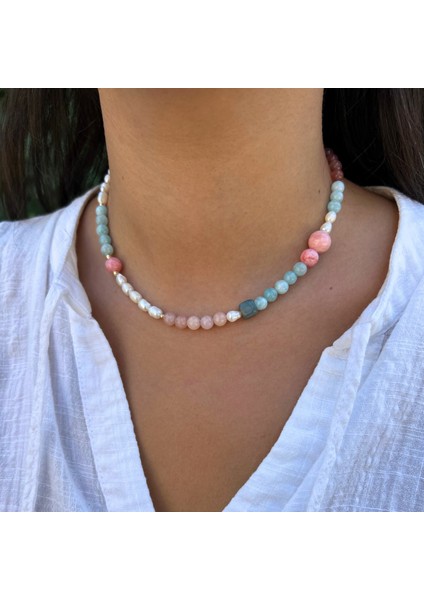 Akuamarin Pembe Kuvars Pembe Opal Doğal Taş Mayorka Inci El Yapımı Özel Tasarım Doğaltaş Kolye fiyatları