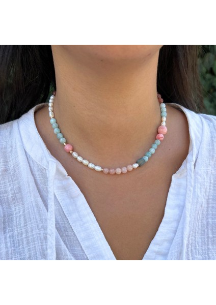 Akuamarin Pembe Kuvars Pembe Opal Doğal Taş Mayorka Inci El Yapımı Özel Tasarım Doğaltaş Kolye modelleri