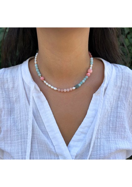 Akuamarin Pembe Kuvars Pembe Opal Doğal Taş Mayorka Inci El Yapımı Özel Tasarım Doğaltaş Kolye fırsatları