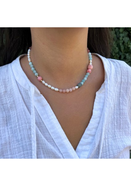 Akuamarin Pembe Kuvars Pembe Opal Doğal Taş Mayorka Inci El Yapımı Özel Tasarım Doğaltaş Kolye indirimleri