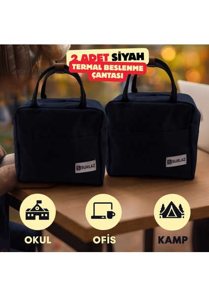 2’li Siyah Termal Beslenme Çantası 8l | Sıcak Soğuk 6-8 Saat Korumalı, Okul Ofis Kamp Kullanımı