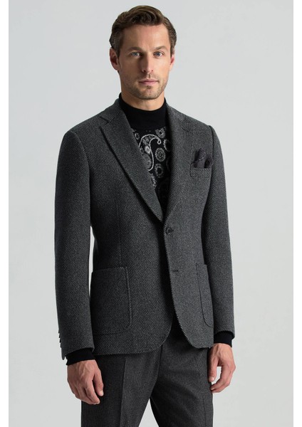 Italyan Yün Kaşmir Karışım Siyah Blazer Ceket