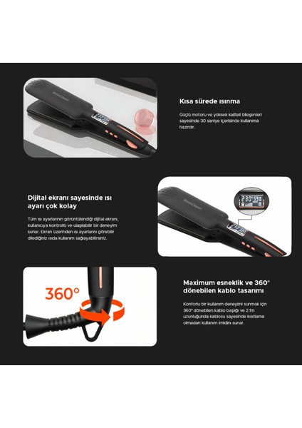 LED Ekranlı Geniş Plaka Saç Düzleştirici, Siyah, Şık ve Kullanışlı