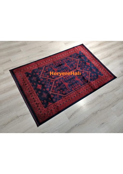 Herat Her 01 Navy Afgan Desenli Viskon Sıkı Dokuma Kaymaz Tabanlı Ince Makine Halısı