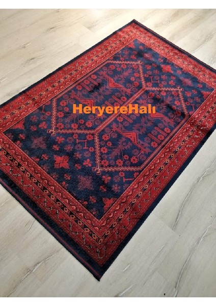 Herat Her 01 Navy Afgan Desenli Viskon Sıkı Dokuma Kaymaz Tabanlı Ince Makine Halısı modelleri
