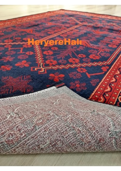 Herat Her 01 Navy Afgan Desenli Viskon Sıkı Dokuma Kaymaz Tabanlı Ince Makine Halısı indirimleri