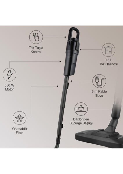 Kablolu Dik Süpürge, Güçlü Temizlik, Siyah Renk, Pratik Kullanım fiyatları