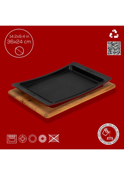 Döküm Dikdörtgen Servis Tabağı ve Kayın Servis Ahşabı. Ölçü 36X24CM.-BORDO fırsatları