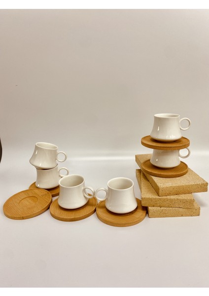 Beyaz 6'lı Bambu Altlıklı Porselen Kahve Fincan Takımı fiyatları