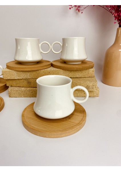Beyaz 6'lı Bambu Altlıklı Porselen Kahve Fincan Takımı modelleri