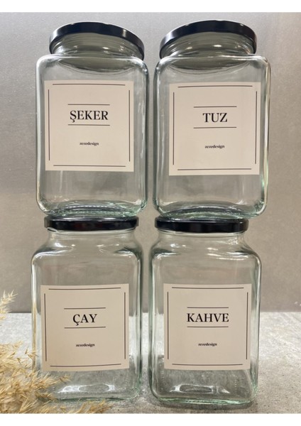 Siyah Metal Kapaklı 4'lü 1000ML Cam Kavanoz Seti, Çay, Şeker, Kahve, Tuz Için Ideal