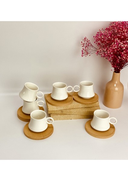 Beyaz 6'lı Bambu Altlıklı Porselen Kahve Fincan Seti