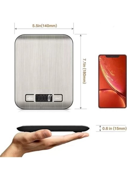 Paslanmaz Çelik Dijital Mutfak Terazisi, 5 kg Hassas Tartım, Çok Renkli